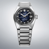 From this angle, the King Seiko VANAC Men's 41mm Automatic Watch SLA085J shows the navy-blue dial's three-dimensional pattern and V-shaped index together with the case's mirror and hairline finishes.