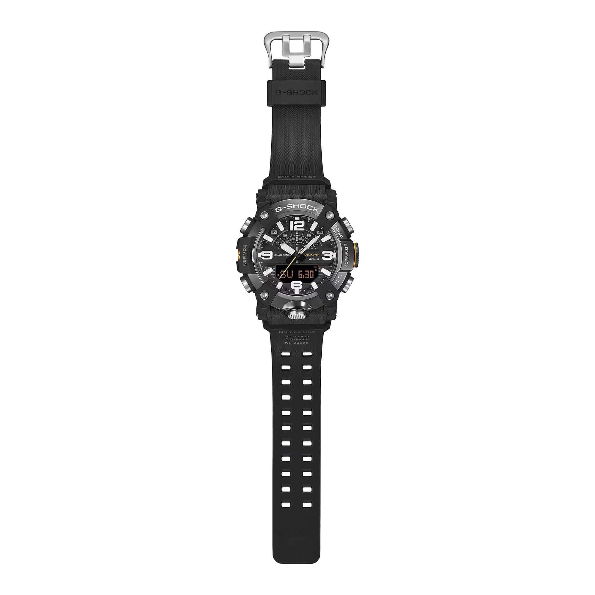 Casio G-SHOCK GGB100XMB-1A Mudmaster analogue digital watch with black resin band, metal bezel, Bluetooth connectivity, and quad sensor outdoor functions.