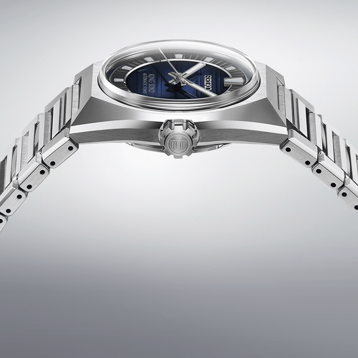 The King Seiko VANAC Men's 41mm Automatic Watch SLA085J shows its angular stainless steel case with mirror and hairline finishing, and a screw-down crown.
