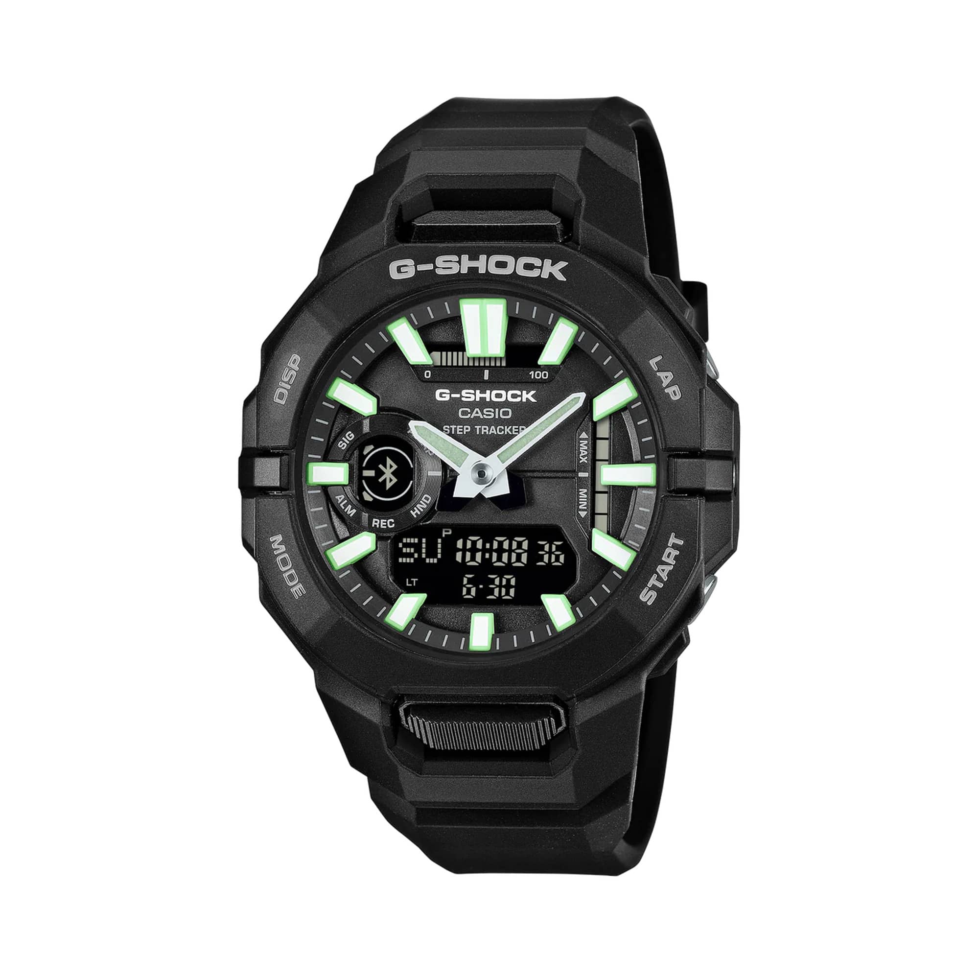 Casio G-Shock G-Squad GBA950-1A watch front view, featuring a 48.5mm all-black round carbon fibre-reinforced resin case with integrated bezel and band design, phosphorescent analogue-digital combination dial, hand shift feature, and G-Squad branding.