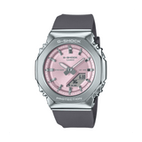 Casio G-SHOCK GMS2110-4AD analogue digital watch with black bio-based resin band, silver metal bezel, pink dial, and octagonal design.