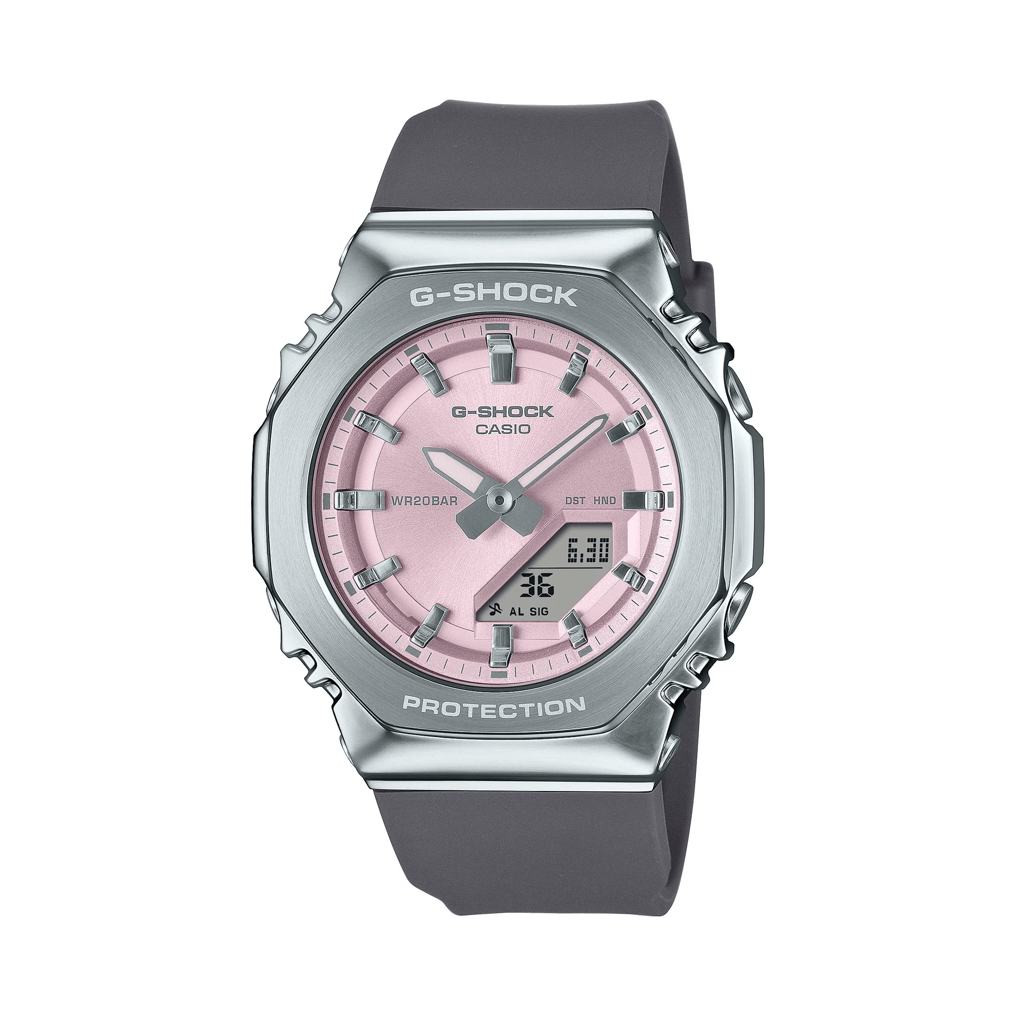 Casio G-SHOCK GMS2110-4AD analogue digital watch with black bio-based resin band, silver metal bezel, pink dial, and octagonal design.