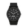 The Timex MK1 x Fortnite TW2W97000 features a black dial with Kevin the Cube Glyphs in place of traditional hour markers. These glow purple when the INDIGLO backlight is activated.