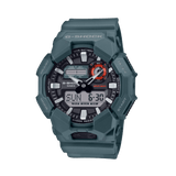 Casio G-SHOCK GA010-2AD analogue digital watch with blue bio-based resin band, black dial, LED light, and shock-resistant carbon core structure.