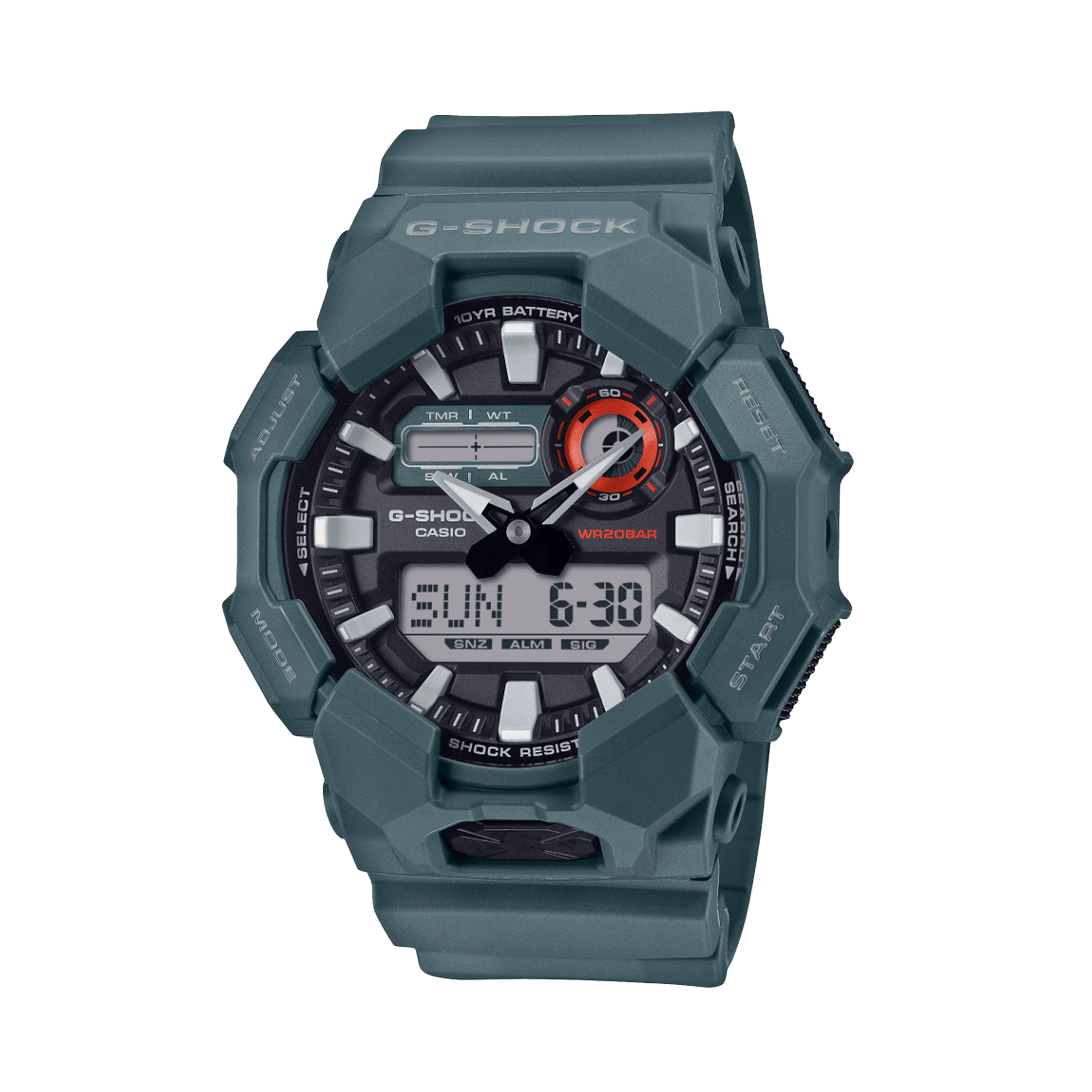 Casio G-SHOCK GA010-2AD analogue digital watch with blue bio-based resin band, black dial, LED light, and shock-resistant carbon core structure.