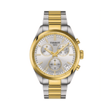 Tissot PR100 Men's 40mm quartz chronograph watch featuring stainless steel and yellow gold IP bracelet, silver dial, Tachymeter Bezel, and Date Display.