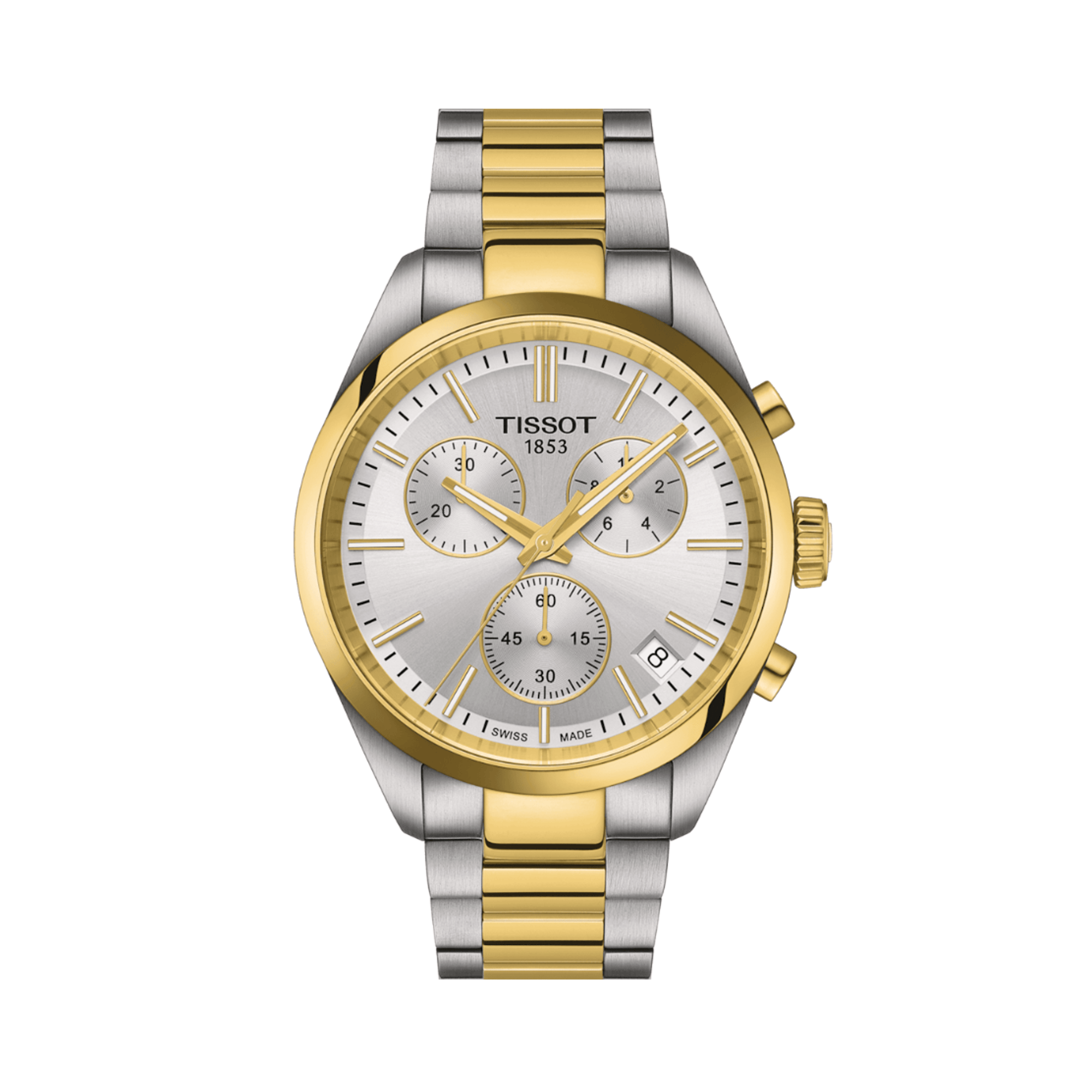 Tissot PR100 Men's 40mm quartz chronograph watch featuring stainless steel and yellow gold IP bracelet, silver dial, Tachymeter Bezel, and Date Display.