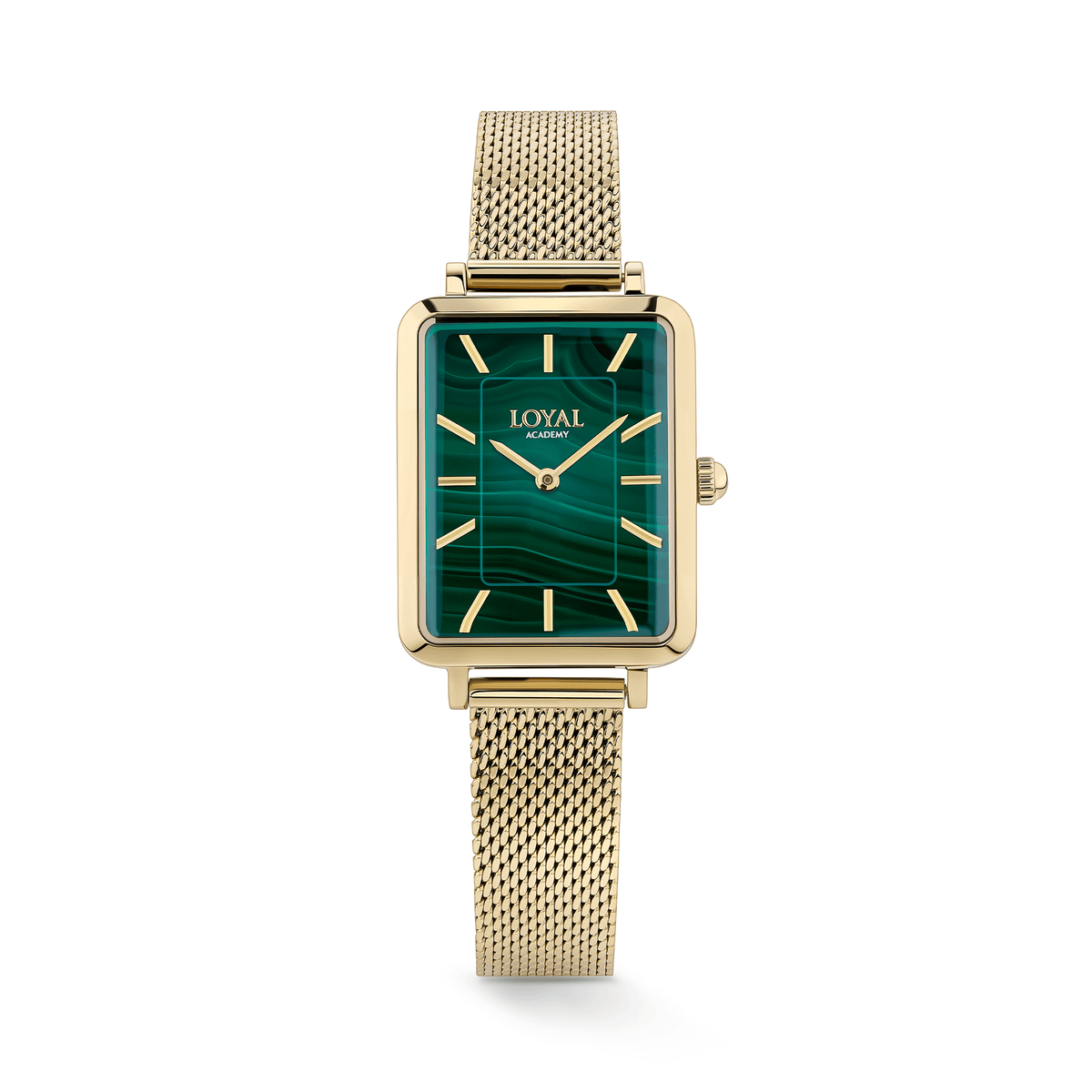 The Loyal Academy Gold PVD Women's Watch features a genuine malachite stone dial framed by a Gold PVD case, reference 05A77FB01. This 24.50mm quartz watch pairs a fine mesh bracelet with a mineral glass lens for everyday wear.