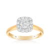 0.75ct TW round brilliant cut diamond halo engagement ring in 18ct yellow gold with a square shaped diamond halo and white gold setting.