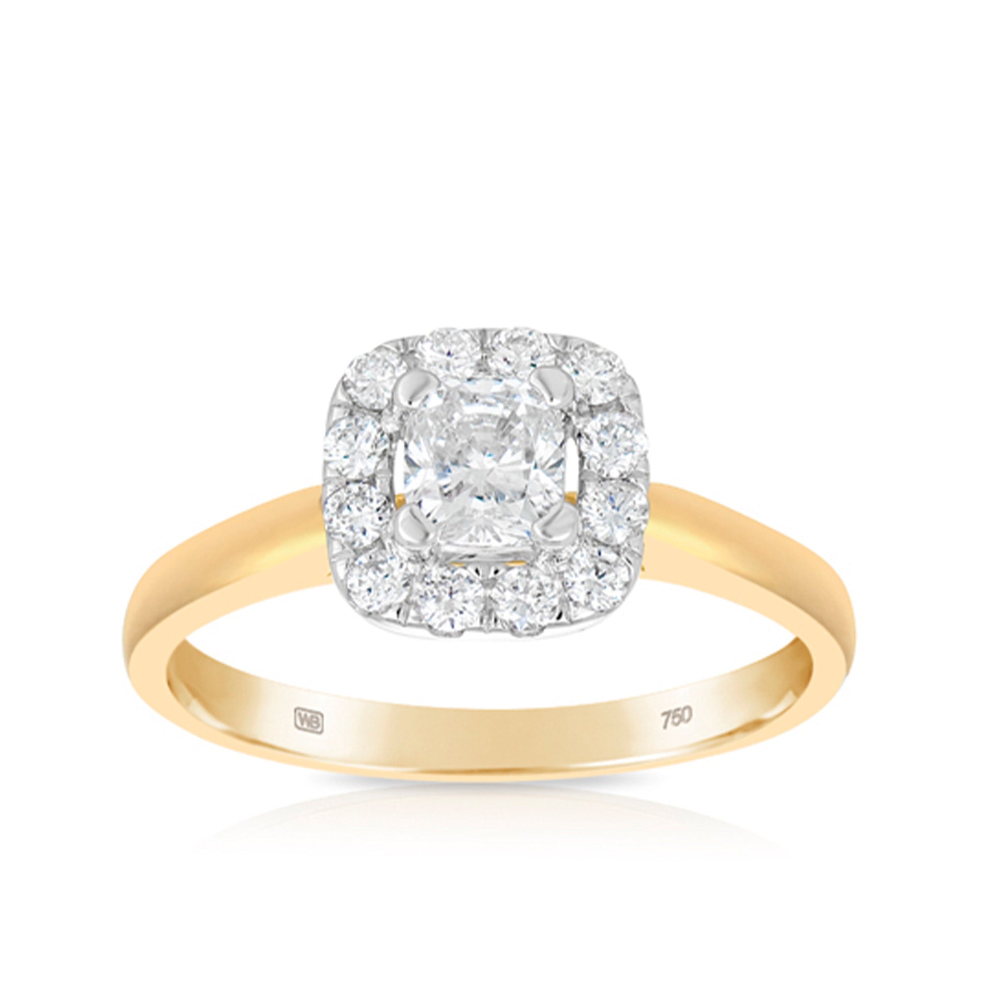 0.75ct TW round brilliant cut diamond halo engagement ring in 18ct yellow gold with a square shaped diamond halo and white gold setting.