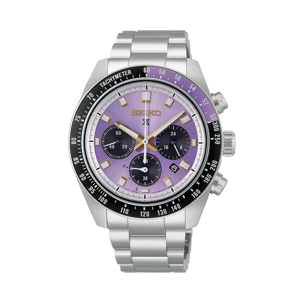 The Seiko Prospex Speedtimer Solar Chronograph Men's 41.40mm Watch HBJ005J features an Edo purple dial with gold accents and a bi-colour tachymeter bezel. The 41.4mm stainless steel case is fitted with curved sapphire crystal.