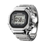 Close-up of the digital display on the Casio Ring Watch Digital 25mm Watch CRW001-1D, showing the time, date and dual time zone functions on the 7-segment LCD screen. The stainless steel case detailing is shown up close.
