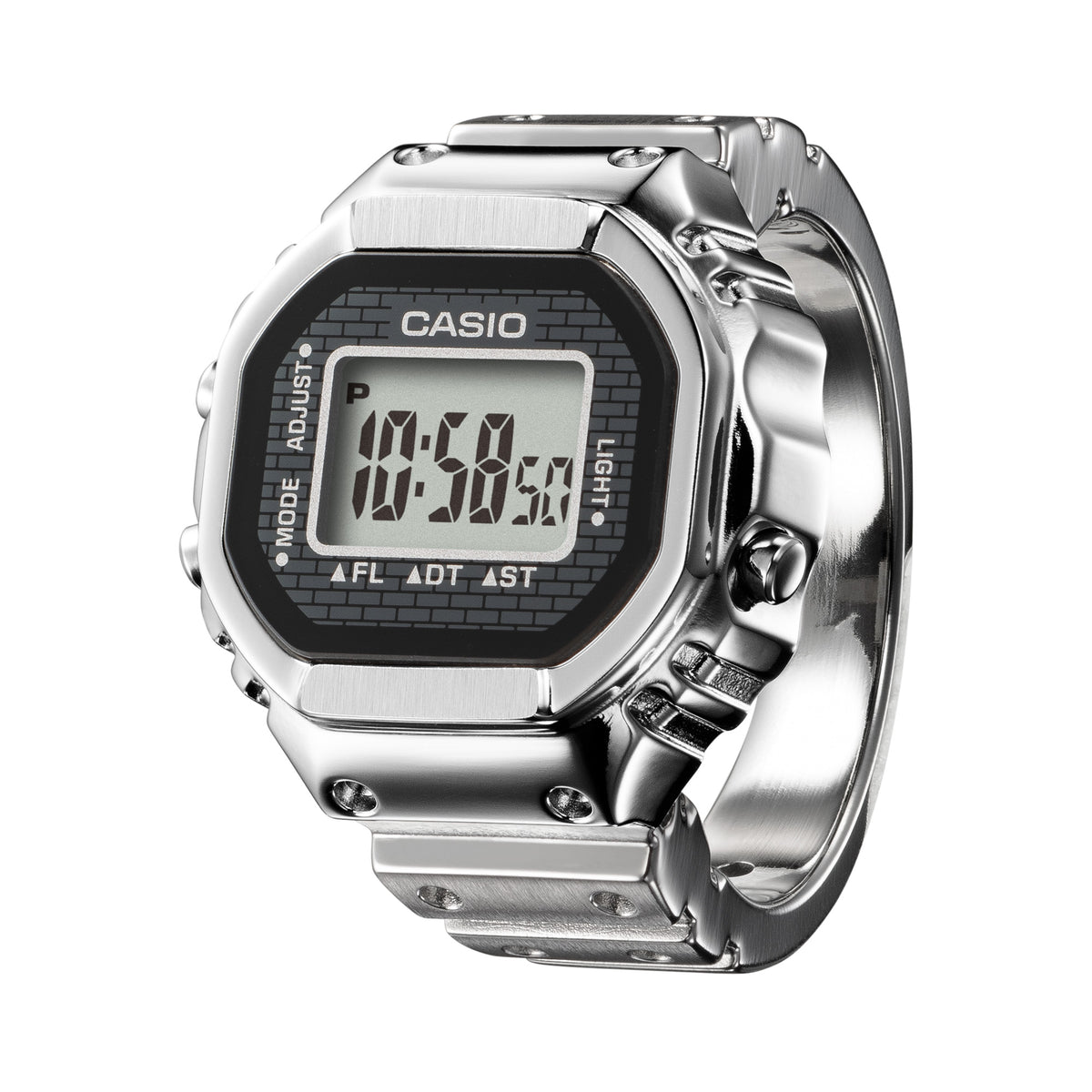 Close-up of the digital display on the Casio Ring Watch Digital 25mm Watch CRW001-1D, showing the time, date and dual time zone functions on the 7-segment LCD screen. The stainless steel case detailing is shown up close.