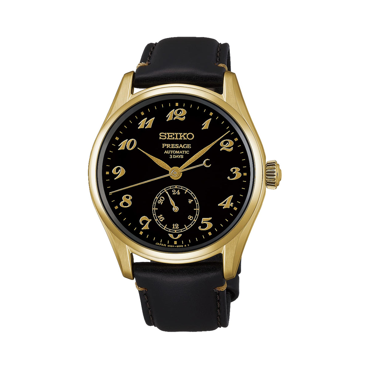 The Seiko Presage Automatic 39.60mm Watch HCC006J features a black urushi lacquer dial with Breguet-style numerals finished in gold powder lacquer. The 39.6mm yellow gold-coloured case is fitted with dual-curved sapphire crystal.