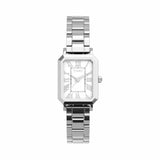 Timex Vivienne women’s watch with white Roman numeral dial, silver-tone bracelet, and petite rectangular silver-tone case in an elegant vintage-inspired dress watch design.