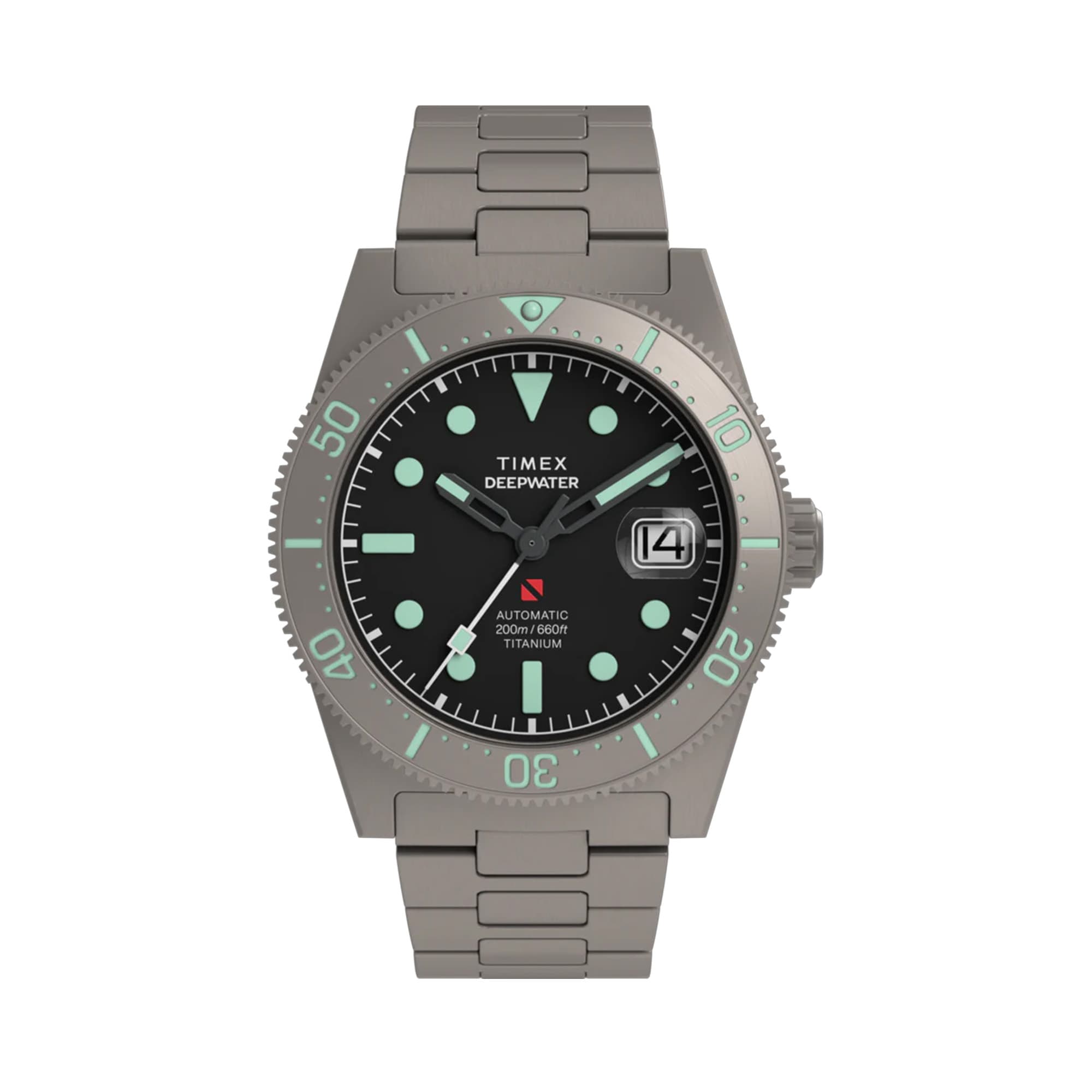 Timex Deepwater Reef 200 Titanium Automatic men’s watch with black dial, brushed titanium bracelet, and 41mm titanium case featuring a unidirectional dive bezel in a rugged professional dive watch design.