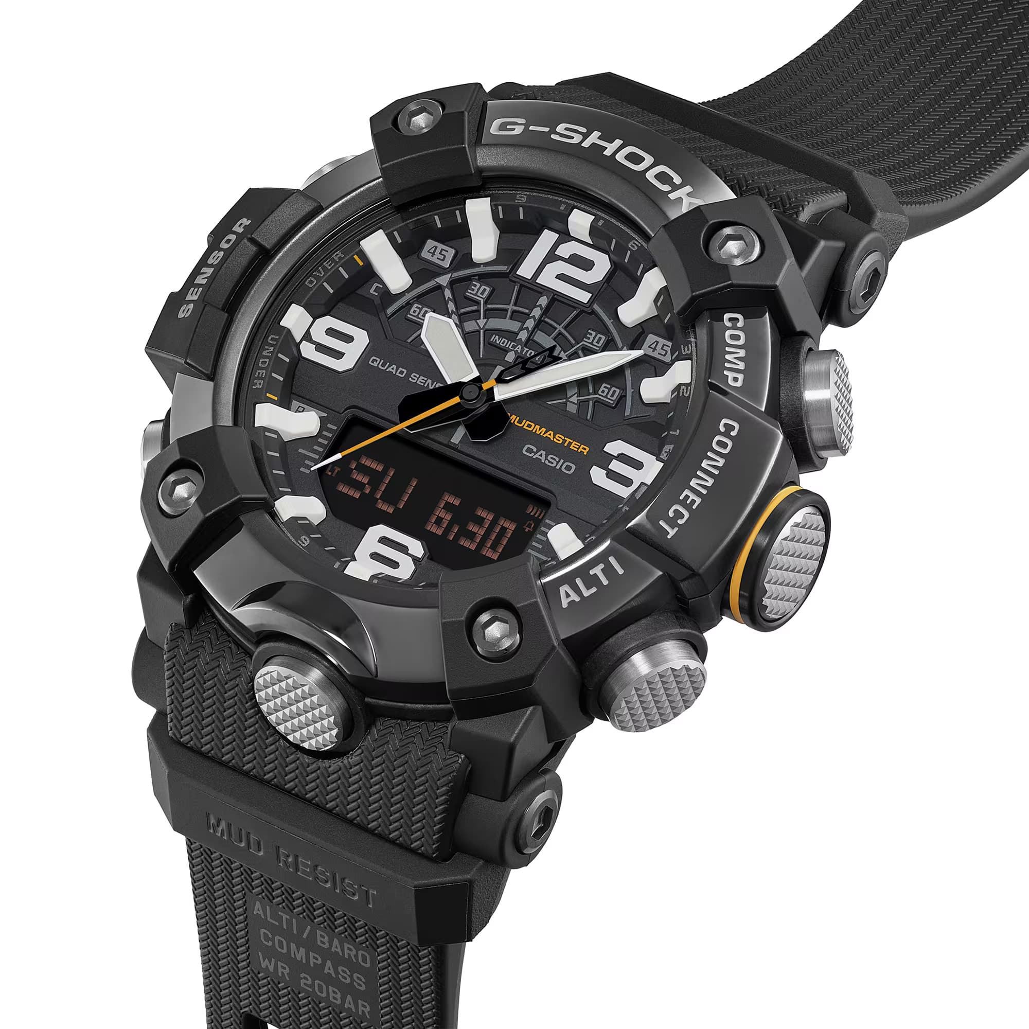 Casio G-SHOCK GGB100XMB-1A Mudmaster analogue digital watch with black resin band, metal bezel, Bluetooth connectivity, and quad sensor outdoor functions.