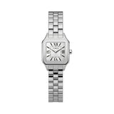 Silver Timex watch with a rectangular face and a white dial