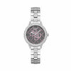 The Guess GW0944L1 is shown face-on, highlighting its 34mm silver-tone case and full crystal bezel. The sorbet pink Quattro 'G' logo adds a delicate pop of colour to the silver dial.