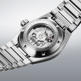 The King Seiko VANAC Men's 41mm Automatic Watch SLA085J is fitted with a stainless steel bracelet secured by a deployment clasp with push-button release. The screw-down, see-through case back reveals the automatic Calibre 8L45 movement.