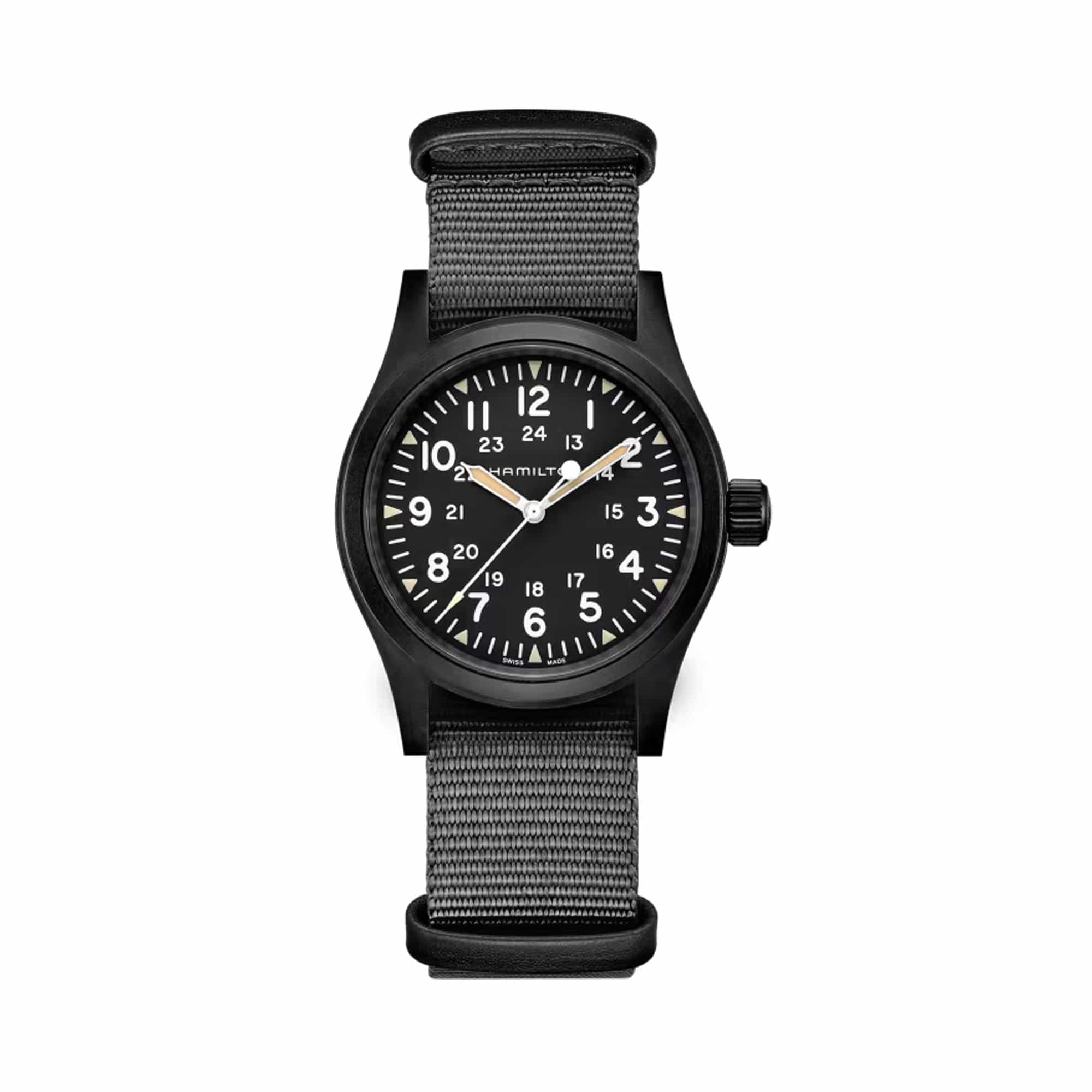 Hamilton Khaki Field Mechanical 38mm Watch H69409930 features a black dial with triangular indexes coated in old radium-tone Super-LumiNova. The black PVD-coated stainless steel case gives the watch a subtle, military-inspired colour scheme.