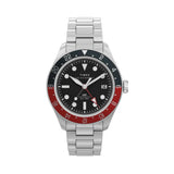 Timex Waterbury Heritage Automatic GMT men’s watch with black dial, stainless steel bracelet, and stainless steel case featuring a rotating bezel and GMT hand for dual time zone tracking in a classic heritage design.