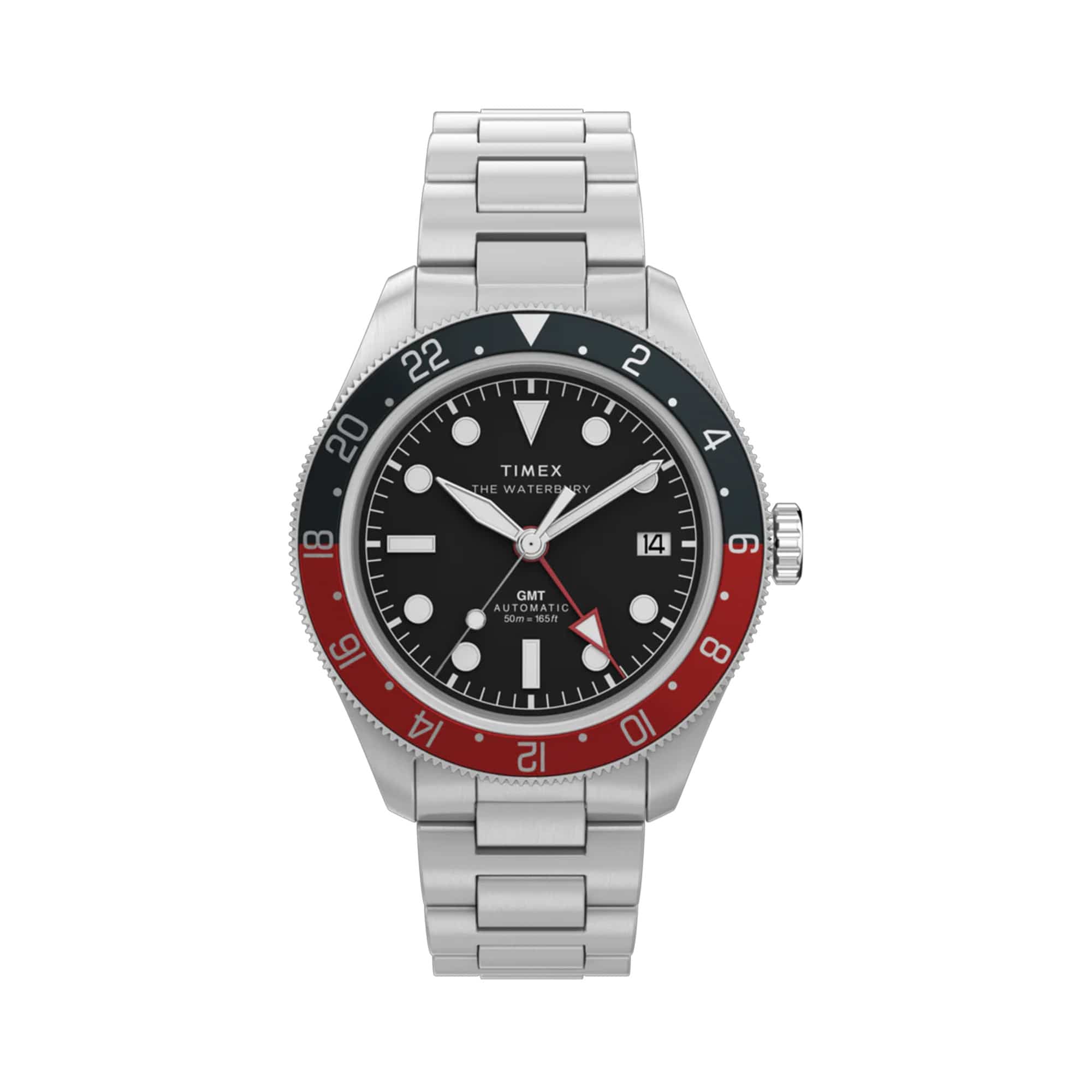 Timex Waterbury Heritage Automatic GMT men’s watch with black dial, stainless steel bracelet, and stainless steel case featuring a rotating bezel and GMT hand for dual time zone tracking in a classic heritage design.