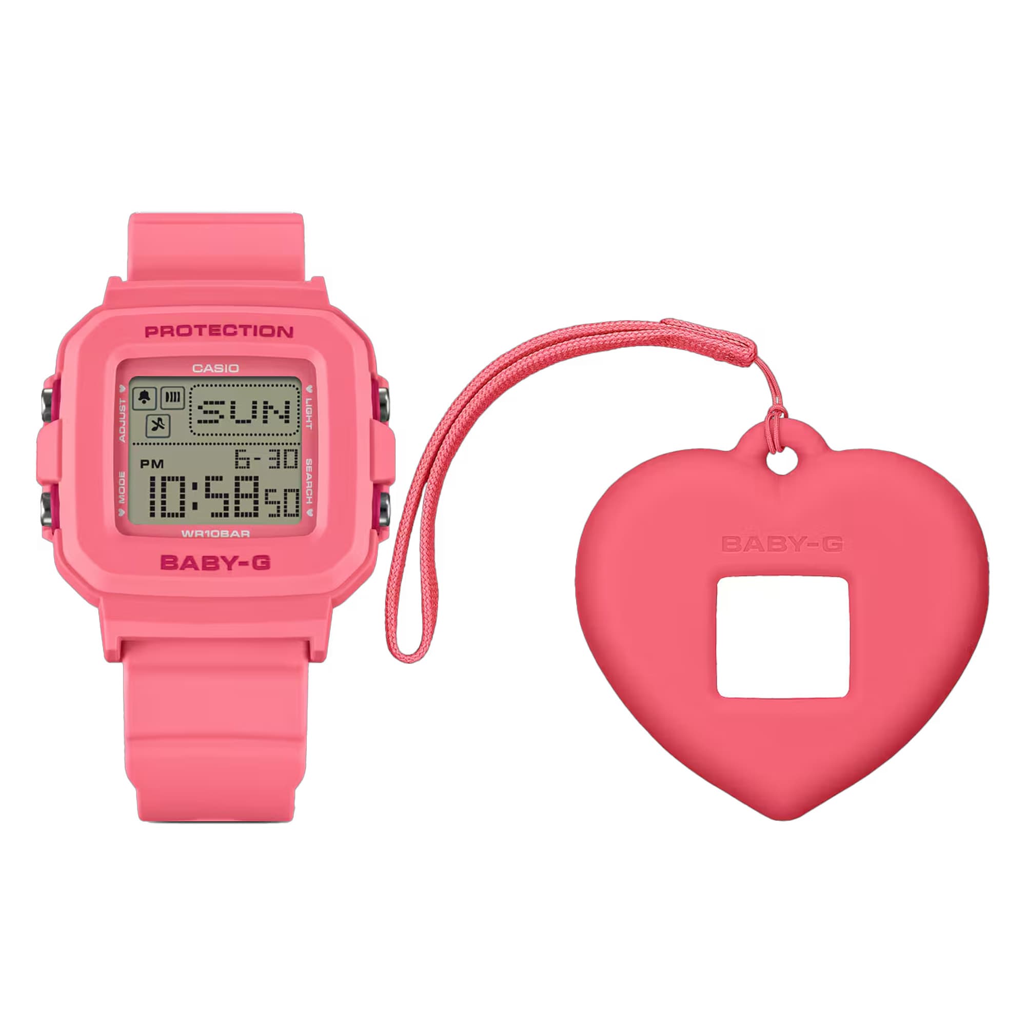 Casio BABY-G BGD10KH-4D digital watch with pink resin band, compact square case, and shock-resistant casual design for kids and teens.