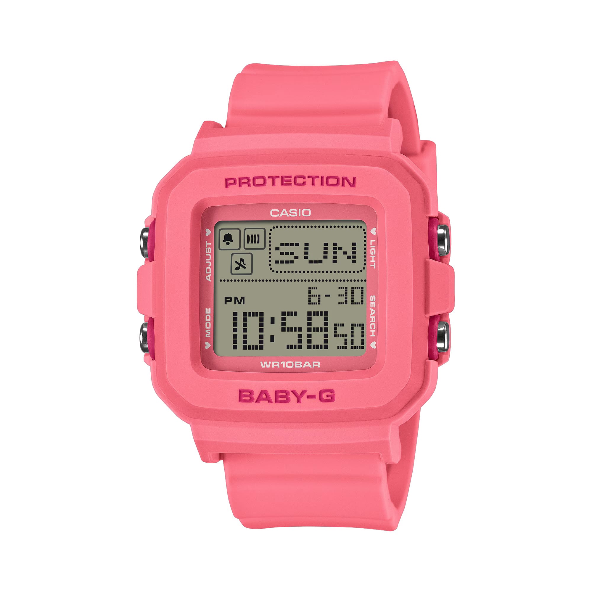 Casio BABY-G BGD10KH-4D digital watch with pink resin band, compact square case, and shock-resistant casual design for kids and teens.