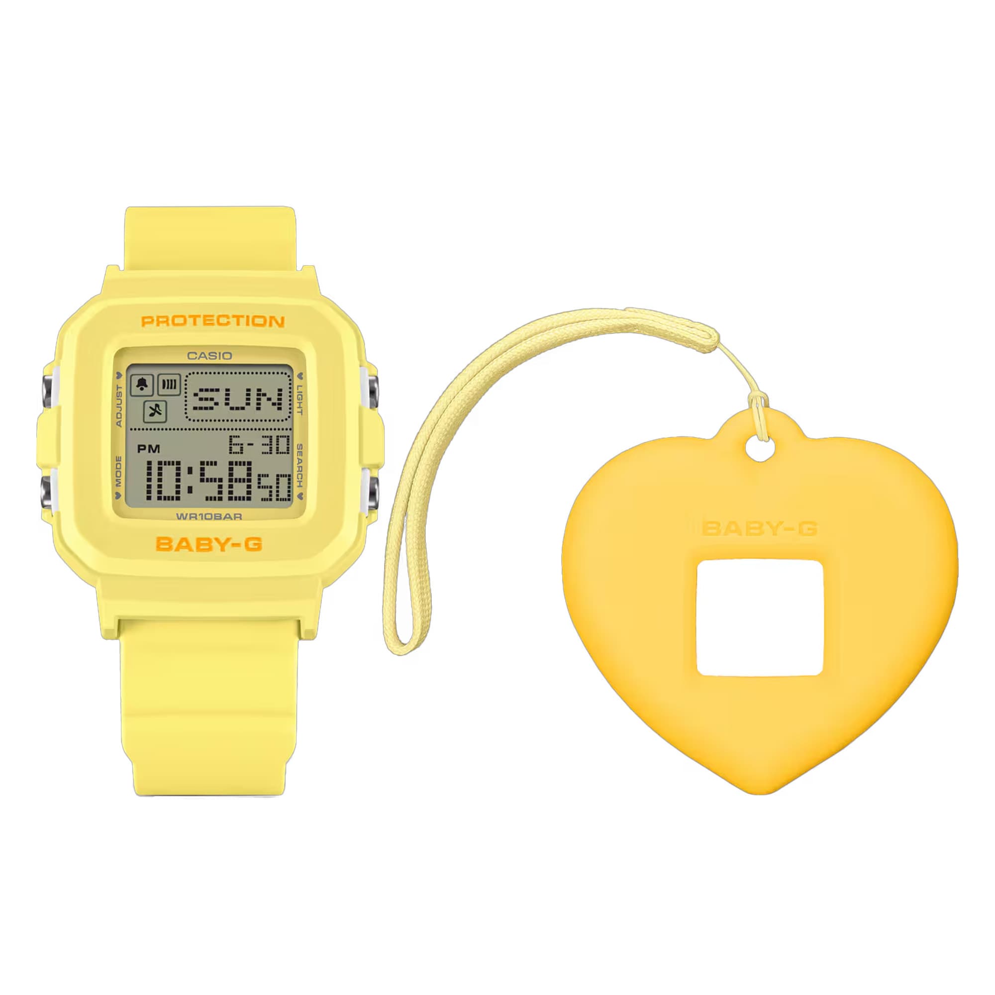 Casio Baby-G BGD10KH-9D digital watch with pastel yellow resin band and removable heart-shaped holder accessory.