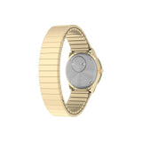 Back of band - Gold-tone Timex Q Mini women’s watch with a pastel pink analog dial, luminous markers, 30mm stainless steel case, and matching expansion bracelet inspired by vintage 1970s styling.