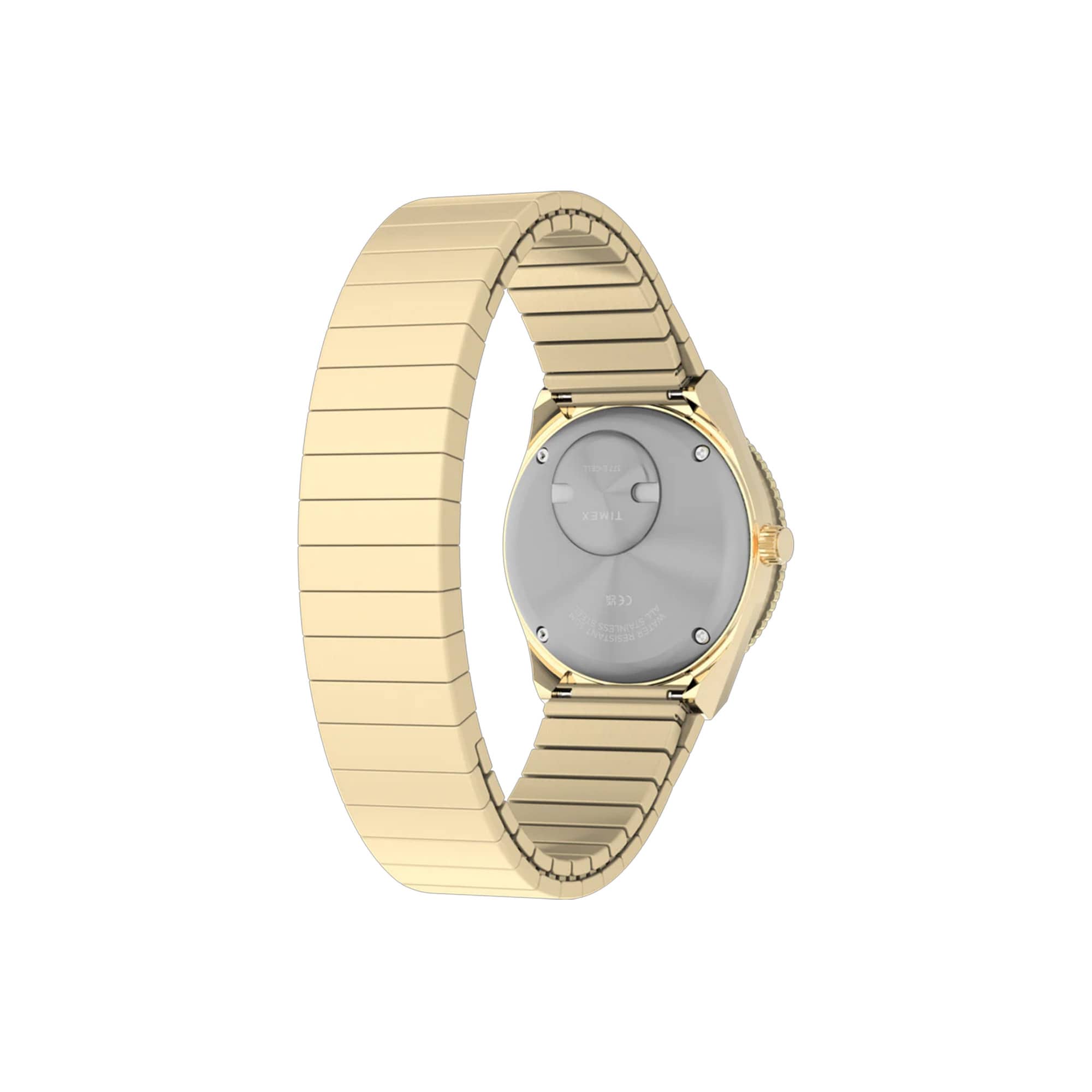 Back of band - Gold-tone Timex Q Mini women’s watch with a pastel pink analog dial, luminous markers, 30mm stainless steel case, and matching expansion bracelet inspired by vintage 1970s styling.