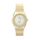 Gold-tone Timex Q Mini women’s watch featuring a 30mm stainless steel case, cream analog dial, luminous hour markers, and a matching expansion bracelet with vintage-inspired styling.