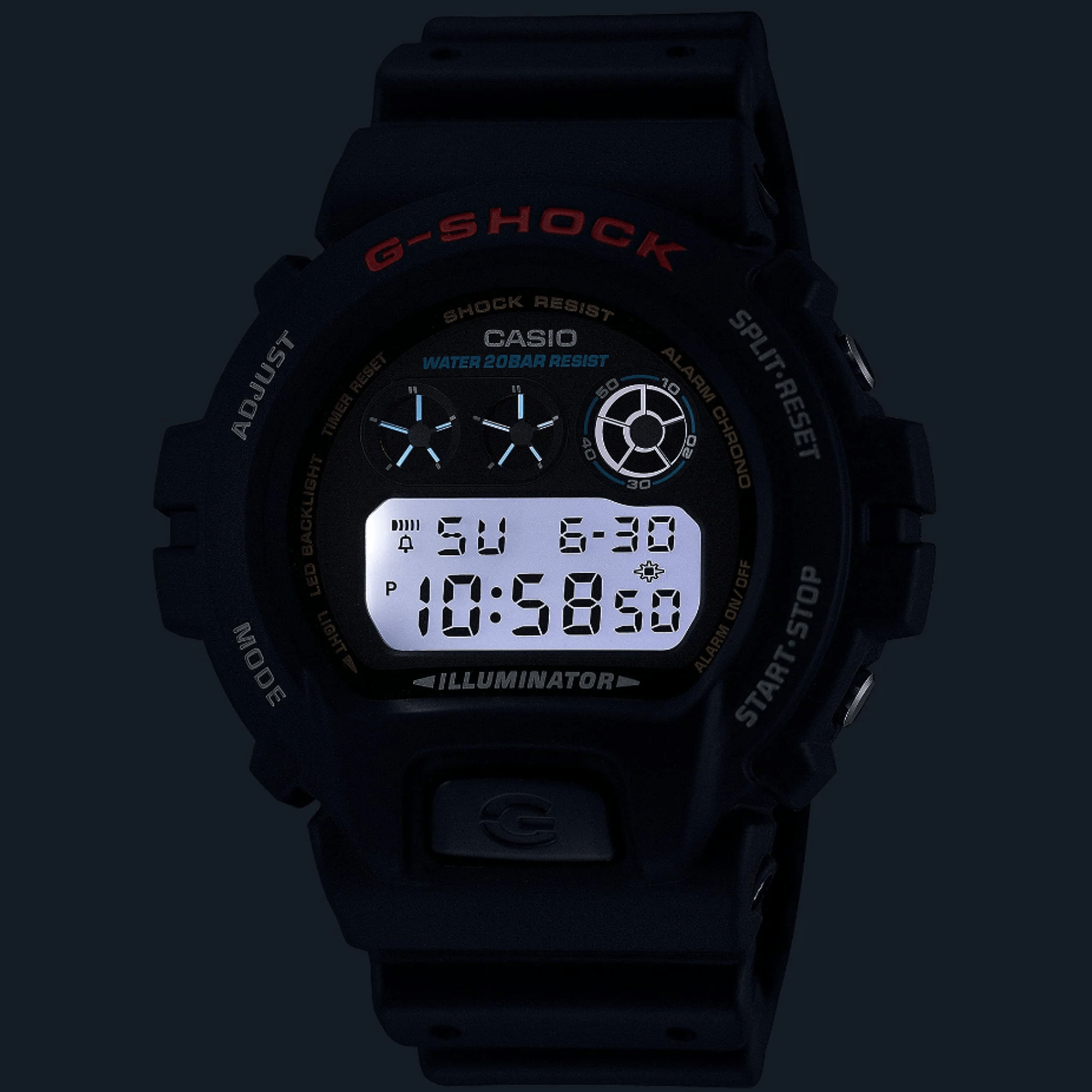 Casio G-SHOCK DW6900U-1D digital sport watch with black resin band, triple graph display, and shock-resistant design.