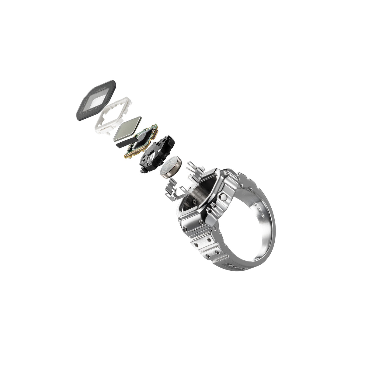 Watch mechanism with various components on a white background