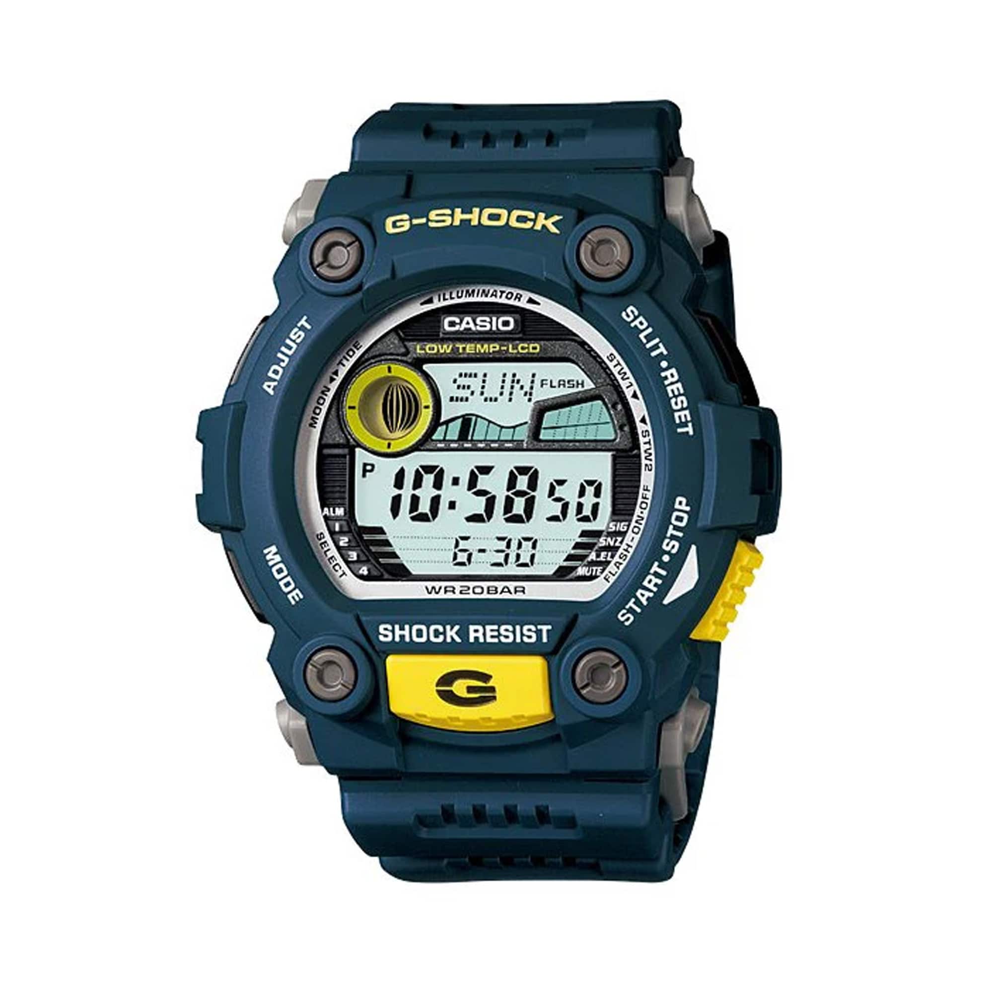 Casio G-SHOCK G7900-2D digital watch with blue resin band, tide graph display, moon data, and shock-resistant design.