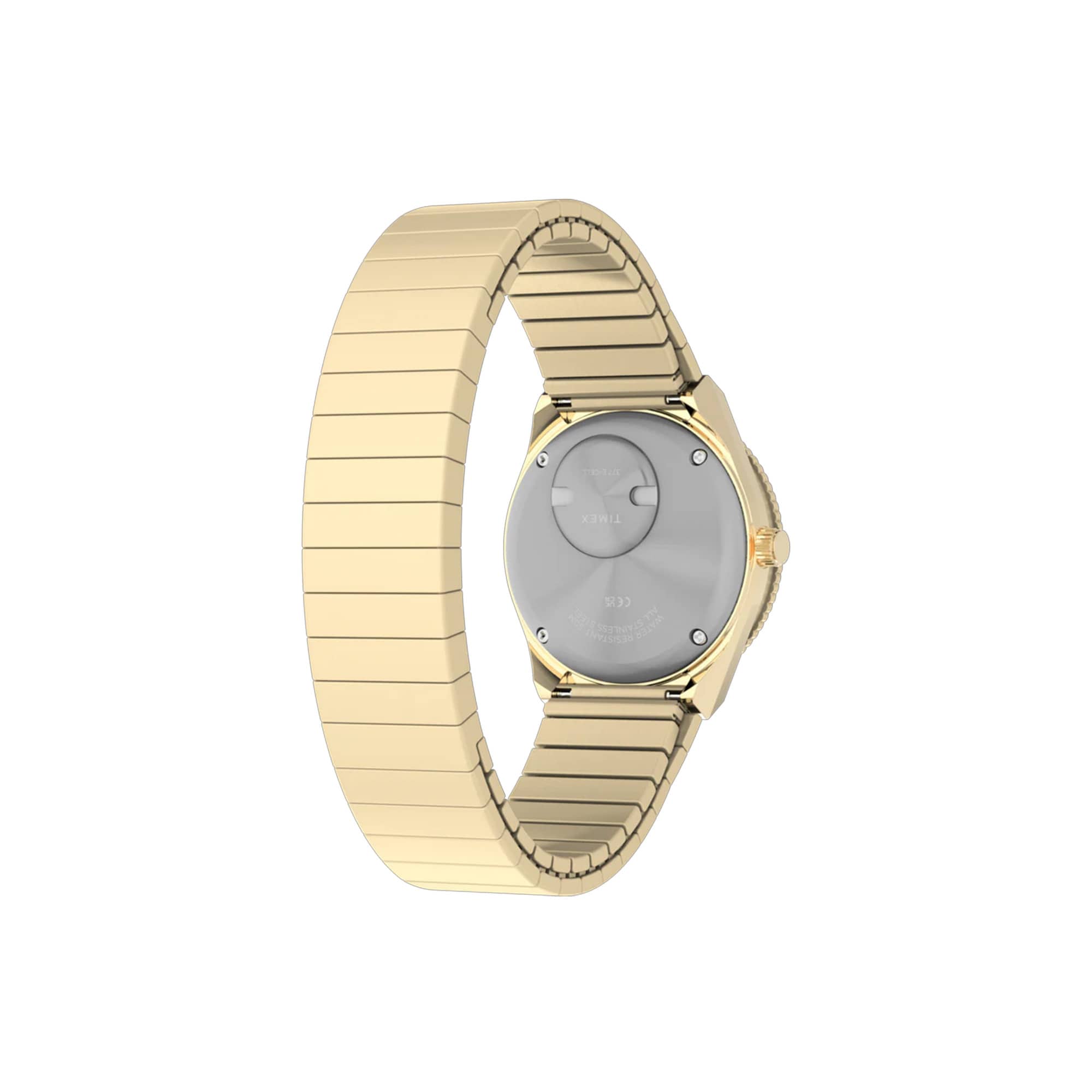 Gold-tone Timex Q Mini women’s watch featuring a 30mm stainless steel case, cream analog dial, luminous hour markers, and a matching expansion bracelet with vintage-inspired styling - back of bracelet