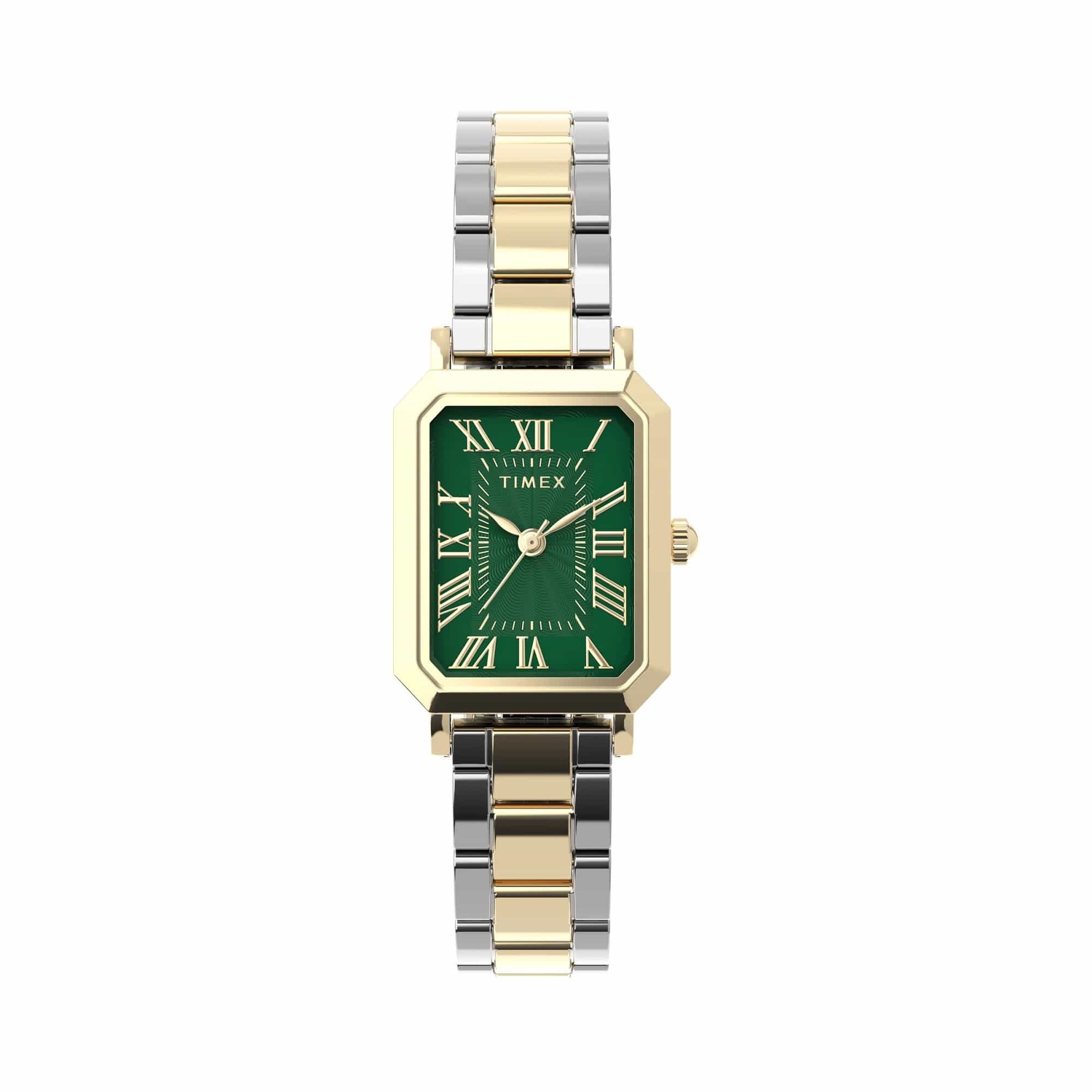 Timex Vivienne women’s watch with green textured dial, two-tone silver and gold bracelet, and petite rectangular gold-tone case in an elegant vintage-inspired dress watch design.