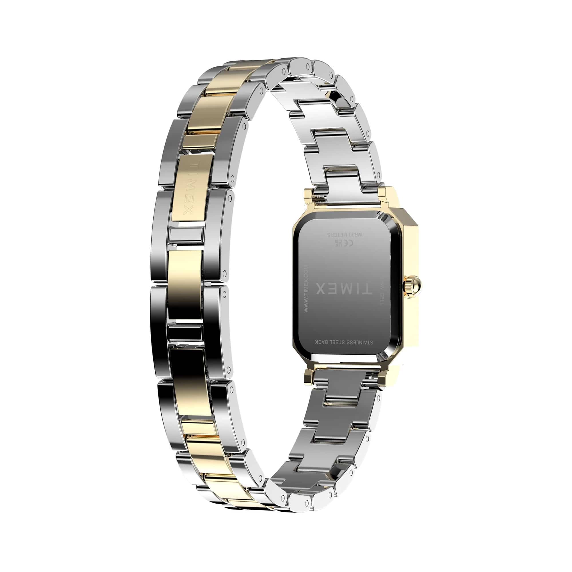 Back of case - Timex Vivienne women’s watch with green textured dial, two-tone silver and gold bracelet, and petite rectangular gold-tone case in an elegant vintage-inspired dress watch design.
