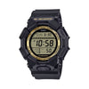 Casio G-SHOCK GD010GB-1A9 digital watch with black resin band, gold LCD display, and shock-resistant black and gold design.