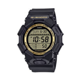Casio G-SHOCK GD010GB-1A9 digital watch with black resin band, gold LCD display, and shock-resistant black and gold design.