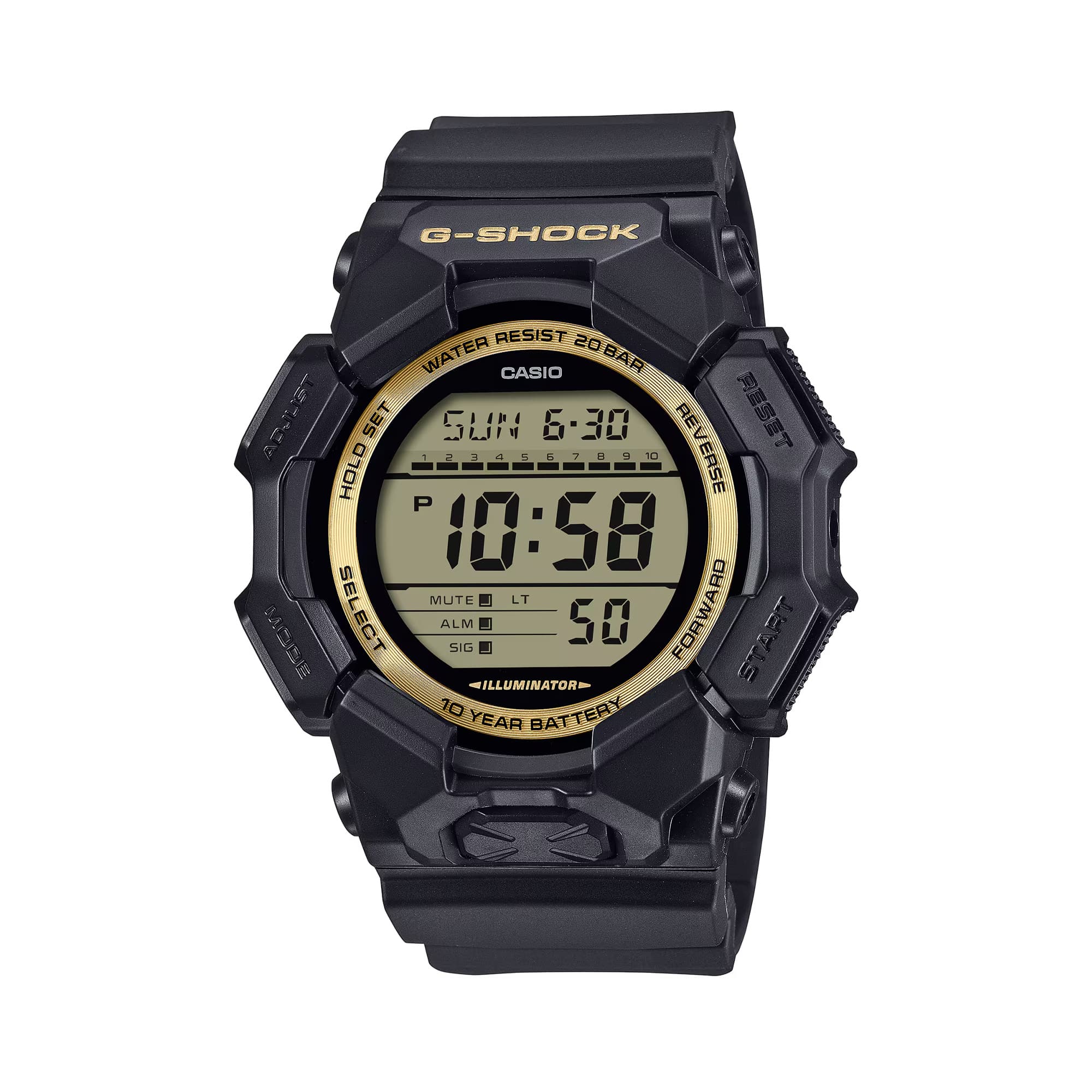 Casio G-SHOCK GD010GB-1A9 digital watch with black resin band, gold LCD display, and shock-resistant black and gold design.