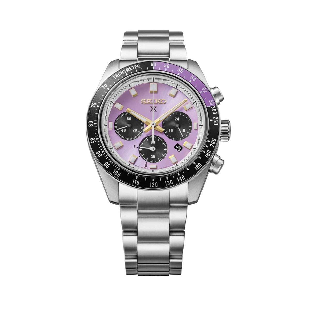 The Seiko Prospex Speedtimer Solar Chronograph Men's 41.40mm Watch HBJ005J reveals the dial's chronograph subdials, Edo purple colouring and gold accents in close detail.