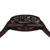 Black Tag Hauer smartwatch with red accents side profile