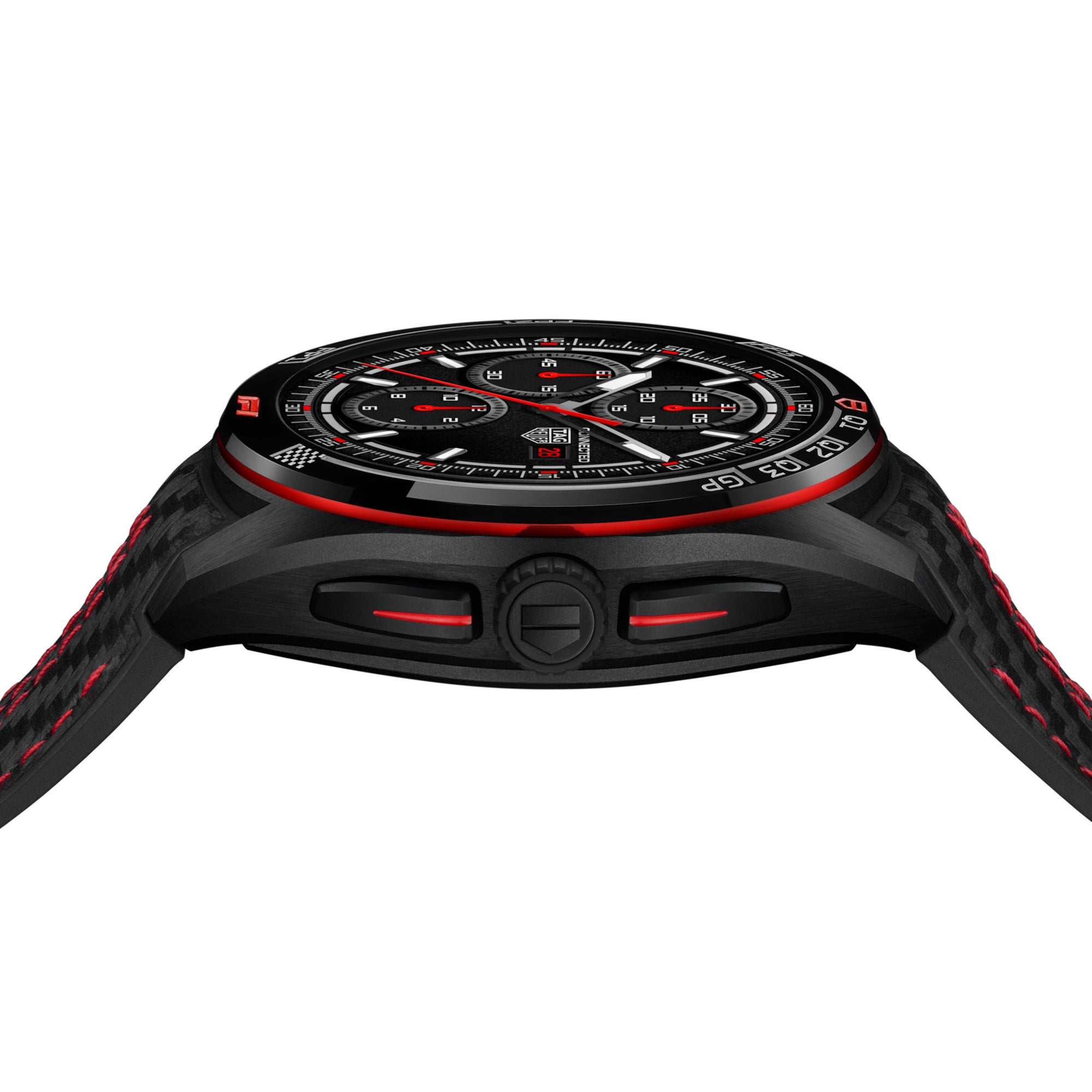 Black Tag Hauer smartwatch with red accents side profile