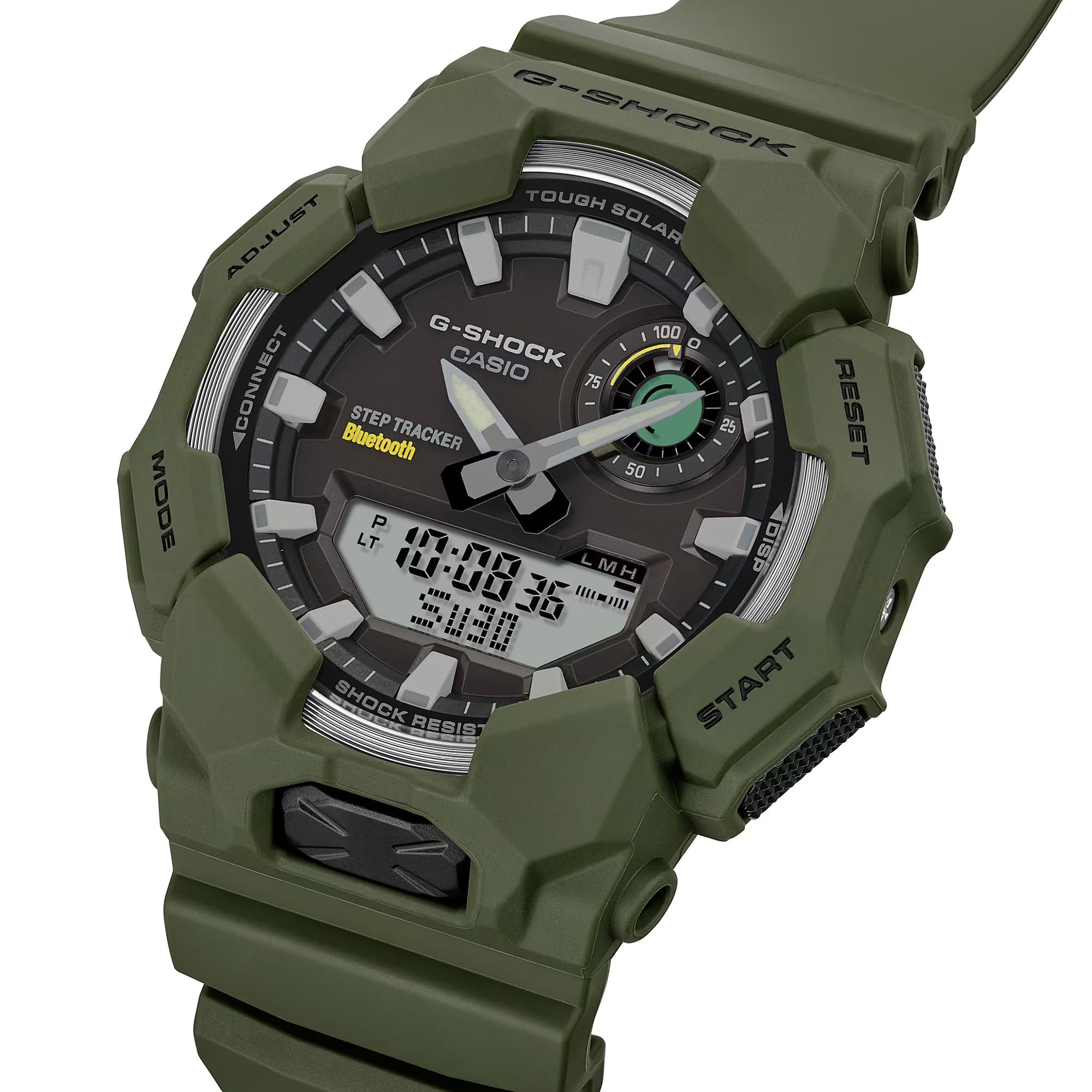 Casio G-SHOCK GAB010-3A analogue digital watch with green resin band, solar power, Bluetooth connectivity, and step tracking features.