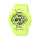 Casio BABY-G BA110TK-3AD analogue digital watch with green resin band, green dial, LED light, and shock-resistant Y2K-inspired design.