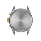 Back of case - Tissot PR100 Men's 40mm quartz chronograph watch featuring stainless steel and yellow gold IP bracelet, silver dial, Tachymeter Bezel, and Date Display.