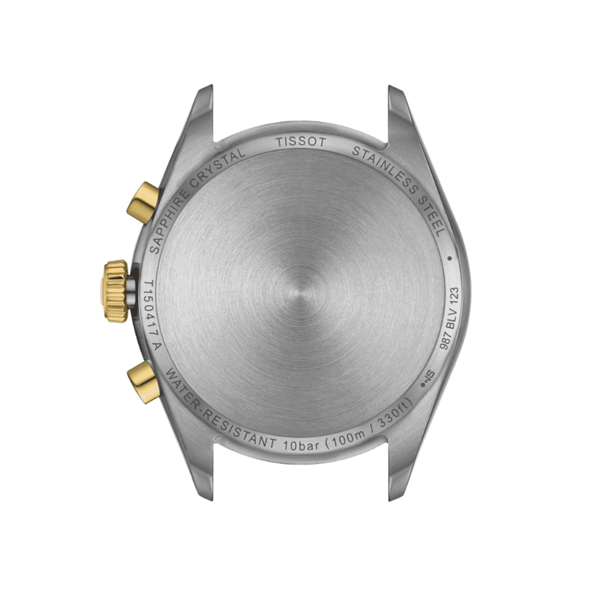Back of case - Tissot PR100 Men's 40mm quartz chronograph watch featuring stainless steel and yellow gold IP bracelet, silver dial, Tachymeter Bezel, and Date Display.