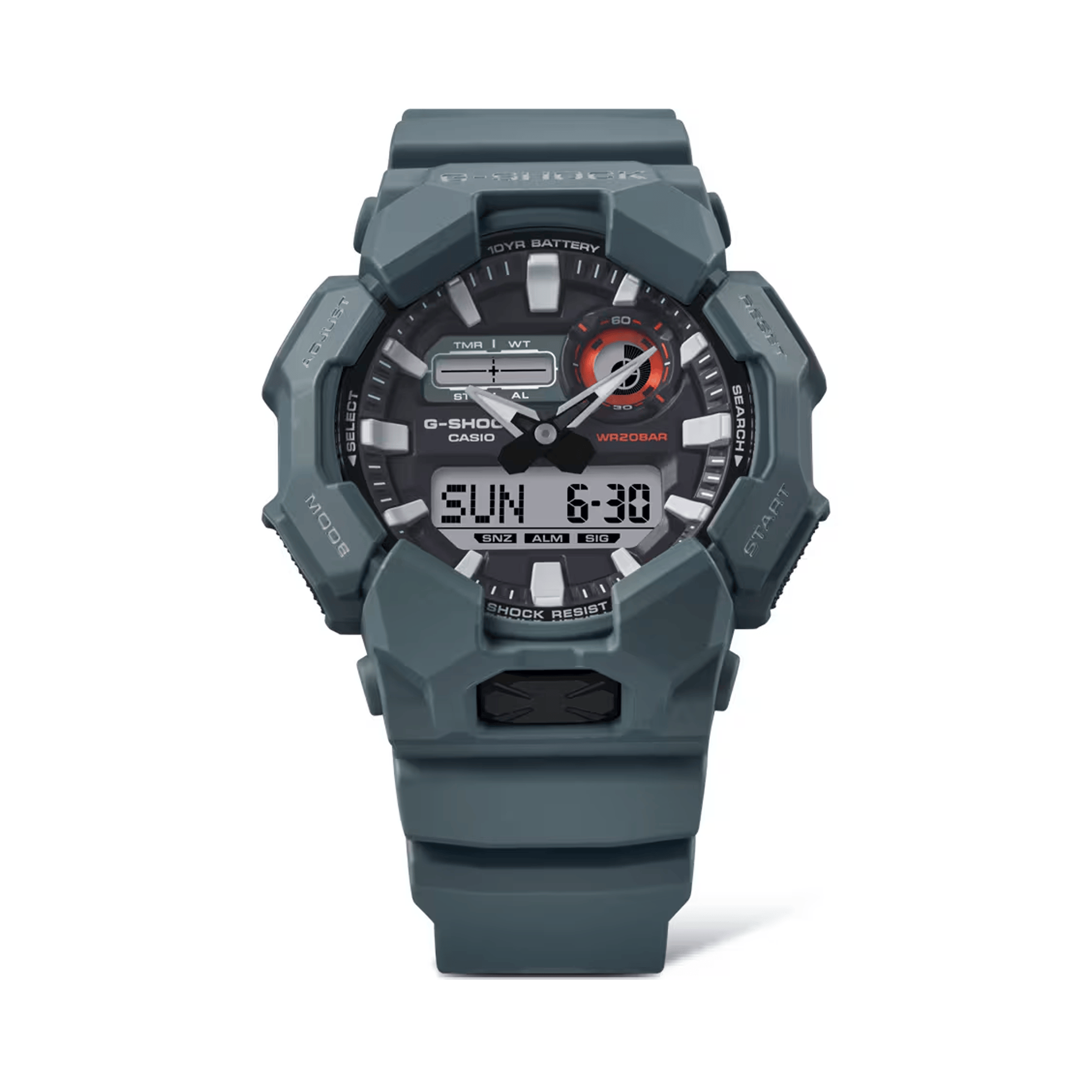 Casio G-SHOCK GA010-2AD analogue digital watch with blue bio-based resin band, black dial, LED light, and shock-resistant carbon core structure.